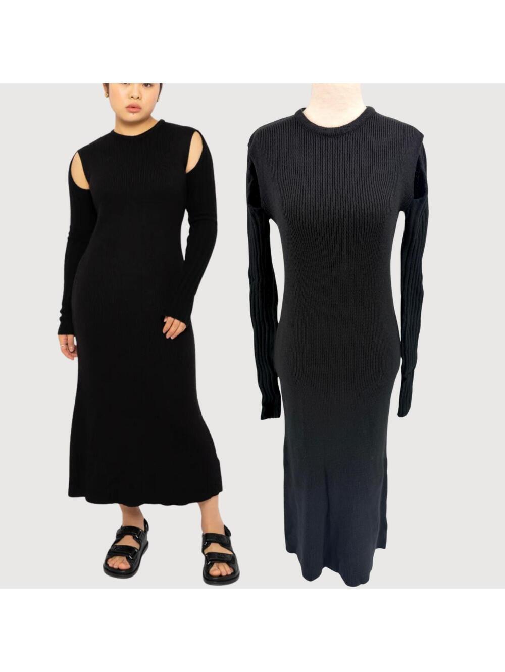 Open YY Shoulder Cutout Knit Maxi Dress Black 1